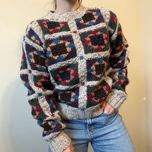 Vintage Woolrich Sweater Colorblock Wool Retro Quilt 80s 90s Winter Layering Art